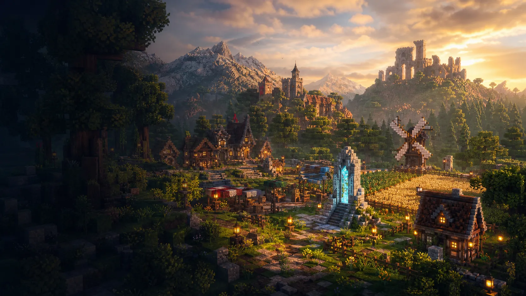 Voxel colony town with farms, forests, ruins, and mountains at golden hour.